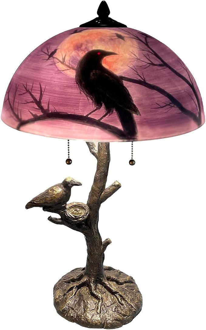 Ravens & Full Moon Hand-Painted Glass Table Lamp