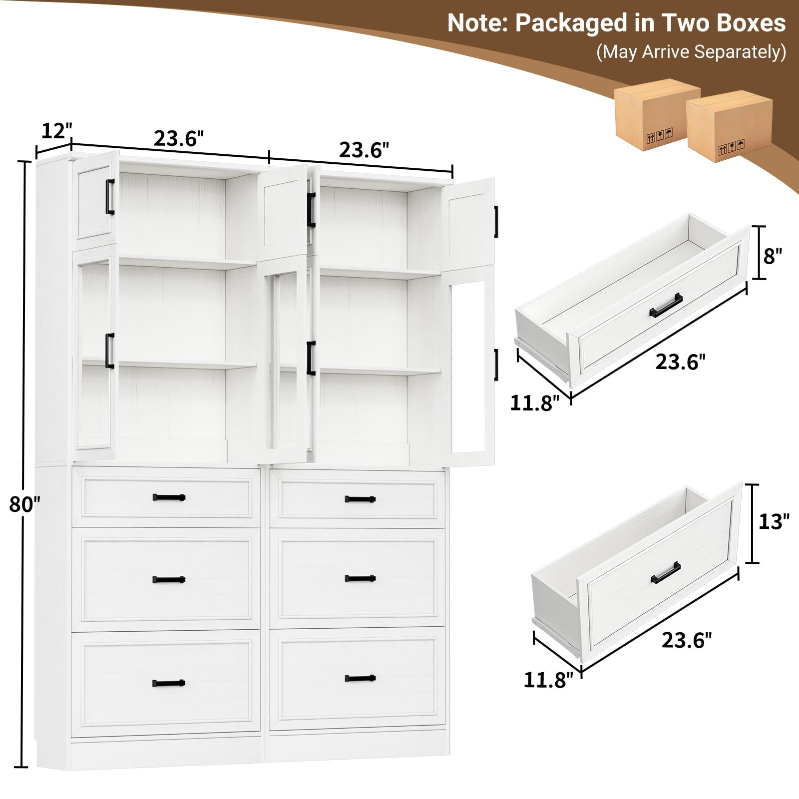 Unikito 80" Tall Kitchen Pantry Storage Cabinet with Glass Doors, Adjustable Shelves & 6 Drawers, Versatile Tall Storage Cupboard for Kitchen, Dining Room, Living Room, Bathroom, Off White