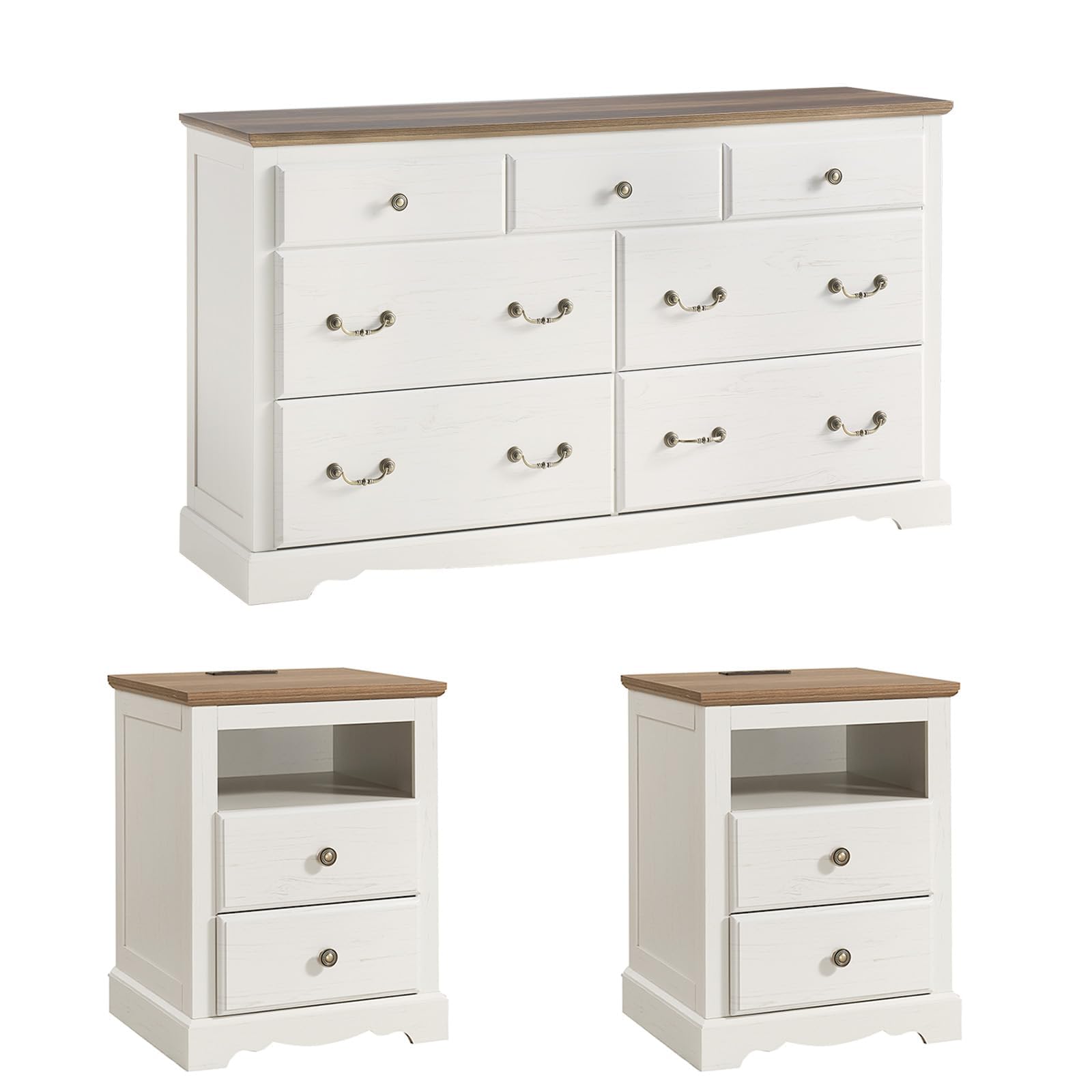 AMERLIFE Farmhouse 3 Pieces Bedroom Sets, Include 54" Wide 7 Drawers Dresser, Nightstand Set of 2 with Charging Station, Rustic Retro Bedroom Furniture Set, White