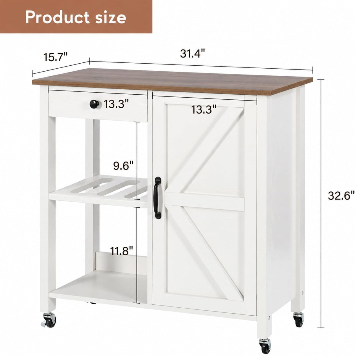 Small Kitchen Island Cart on Wheels with 31.4'' Wood Tabletop, White