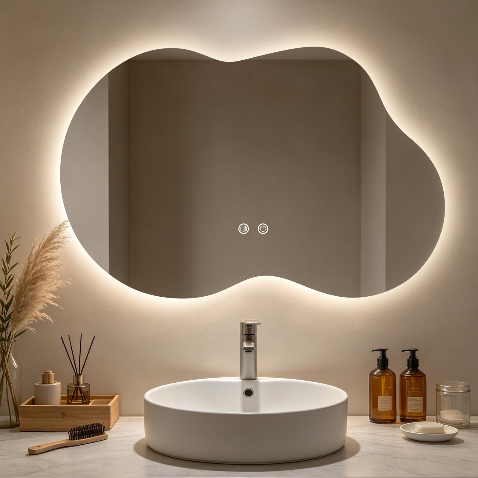 WallBeyond 36"x24" Irregular LED Bathroom Mirror with Lights, Asymmetrical Backlit Vanity Mirror for Powder Room or Makeup Area, Dimmable & Anti-Fog, Dual Mounting