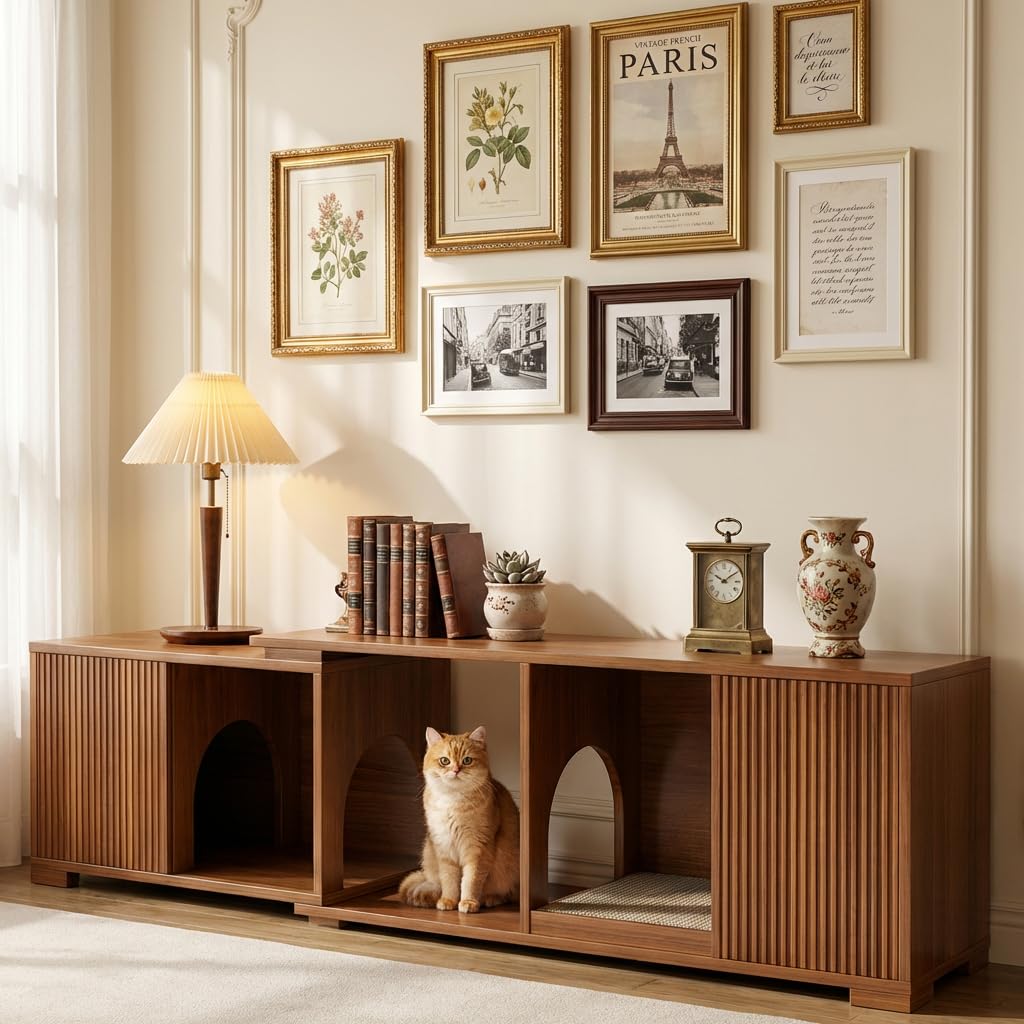 VELTENOVAIRE Extendable TV Stand with Cat House & Built-in Scratcher, Mid-Century Modern Wood Media Console for TVs up to 85+ Inches, Fluted Doors & Hidden Storage for Living Room, Walnut