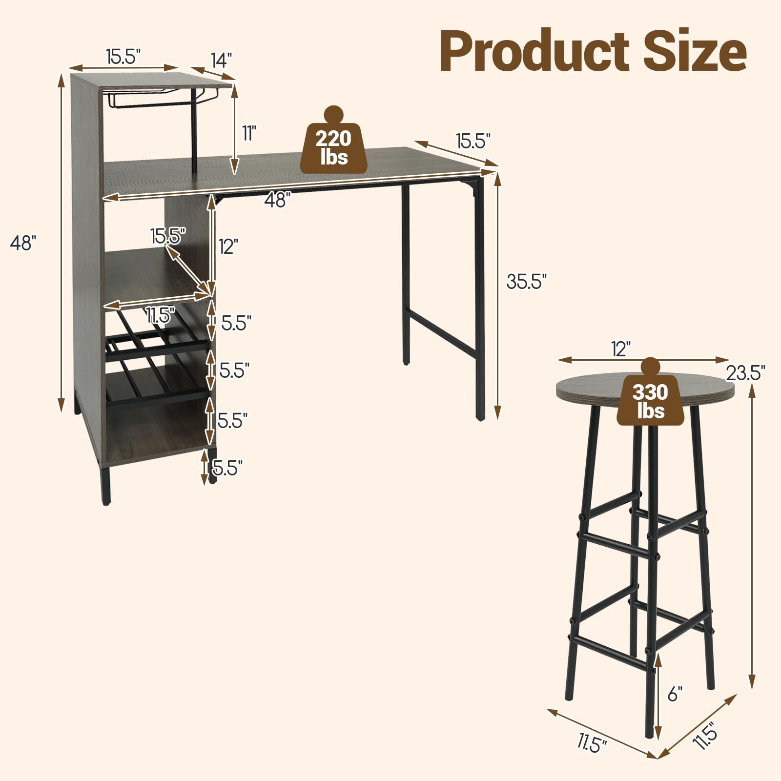 3-Piece Bar Table & Stool Set with Wine Rack