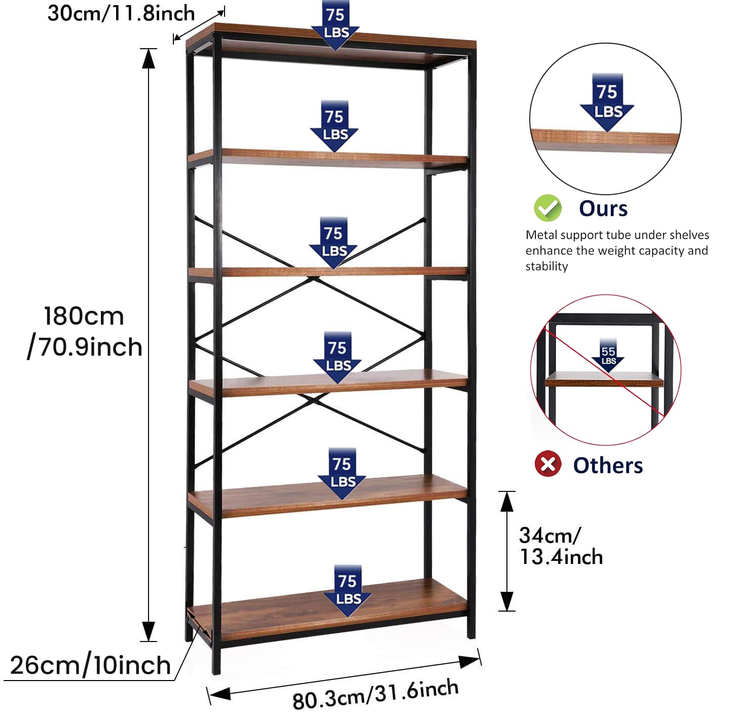 Himimi 6 Tier Industrial Bookshelf, Vintage Standing Storage Shelf, Display Shelving Units, Tall Bookcase, Industrial Metal Book Shelves for Living Room Bedroom and Home Office