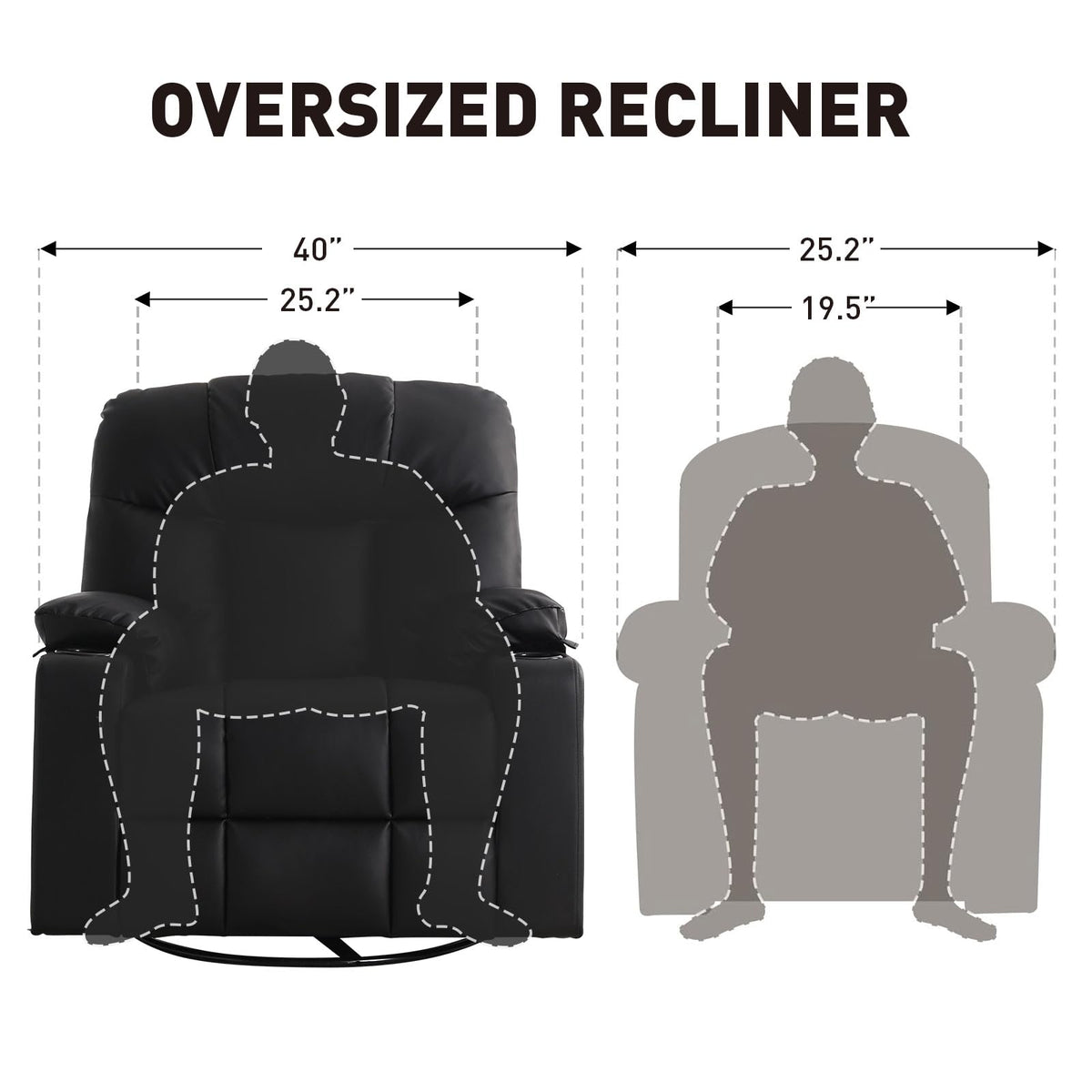 Bonzy Home Oversized Swivel Rocker Recliner, Rocking Recliner Chair, Black