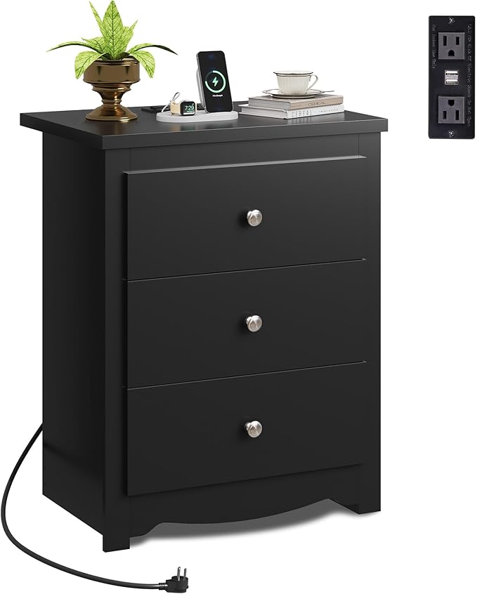 Tall Nightstand with Charging Station & 3 Drawers