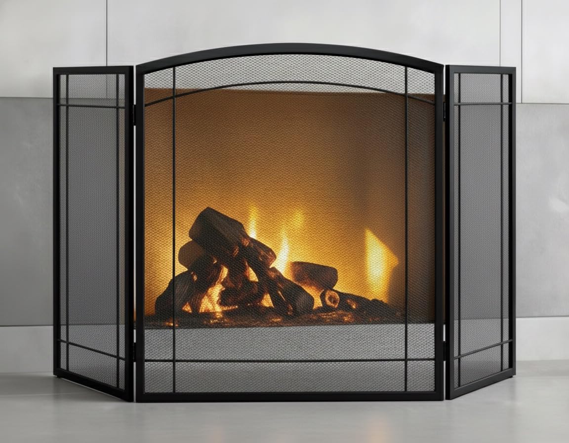 FEED GARDEN 3 Panel Fireplace Screen 48" W x 29" H Modern Foldable with Wrought Metal Decorative Mesh,Arch Heavy Duty Fire Spark Guard Cover for Home Decor Indoor, Black