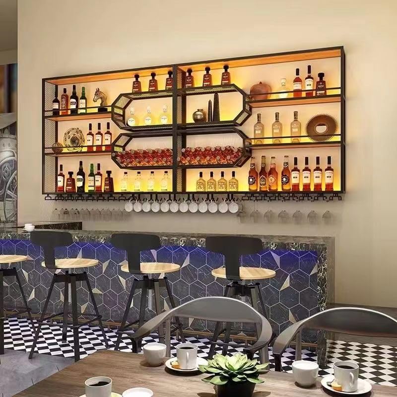 PIKYsailed 94 Inch 4-Tier Wine Rack Wall-Mounted & Large Bar Shelf for Liquor Bottles, Black Metal Storage for Wine and Liquor Bottles in Home Bars or Dining Rooms (No Lighting)