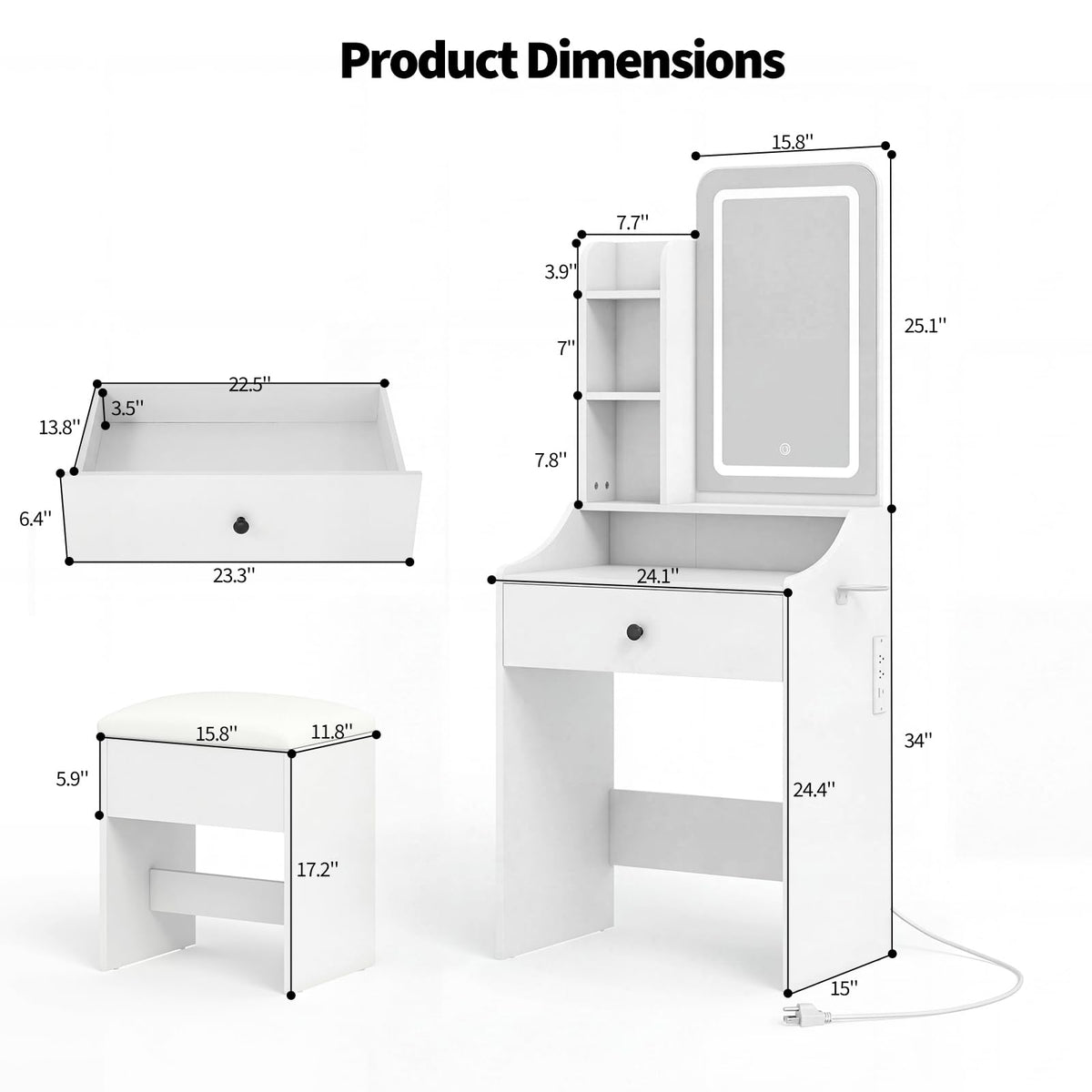 White LED Makeup Vanity with Storage Stool