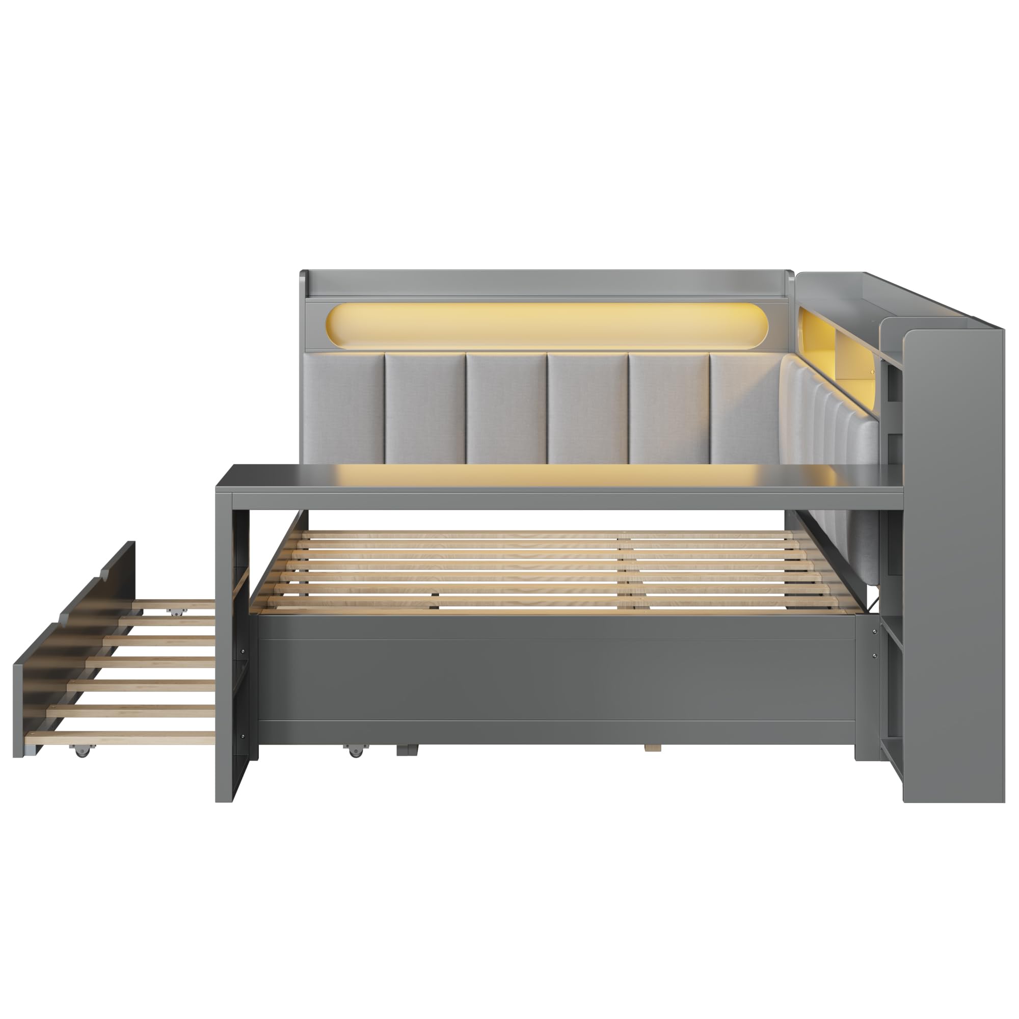 Merax Full Size Daybed with Storage Shelves and Trundle, Wooden Corner Bed with Charging Station, LED Light, Desk, Upholstered Headboard and Backrest, No Spring Box Need