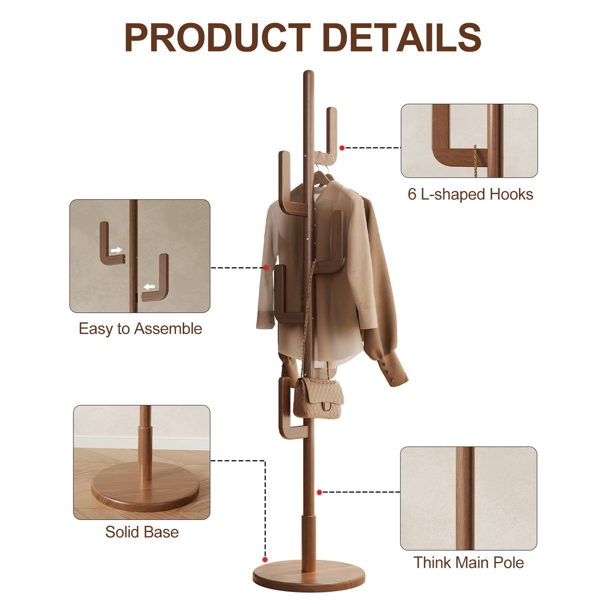Walnut Solid Wood Cactus Coat Rack with 6 Hooks