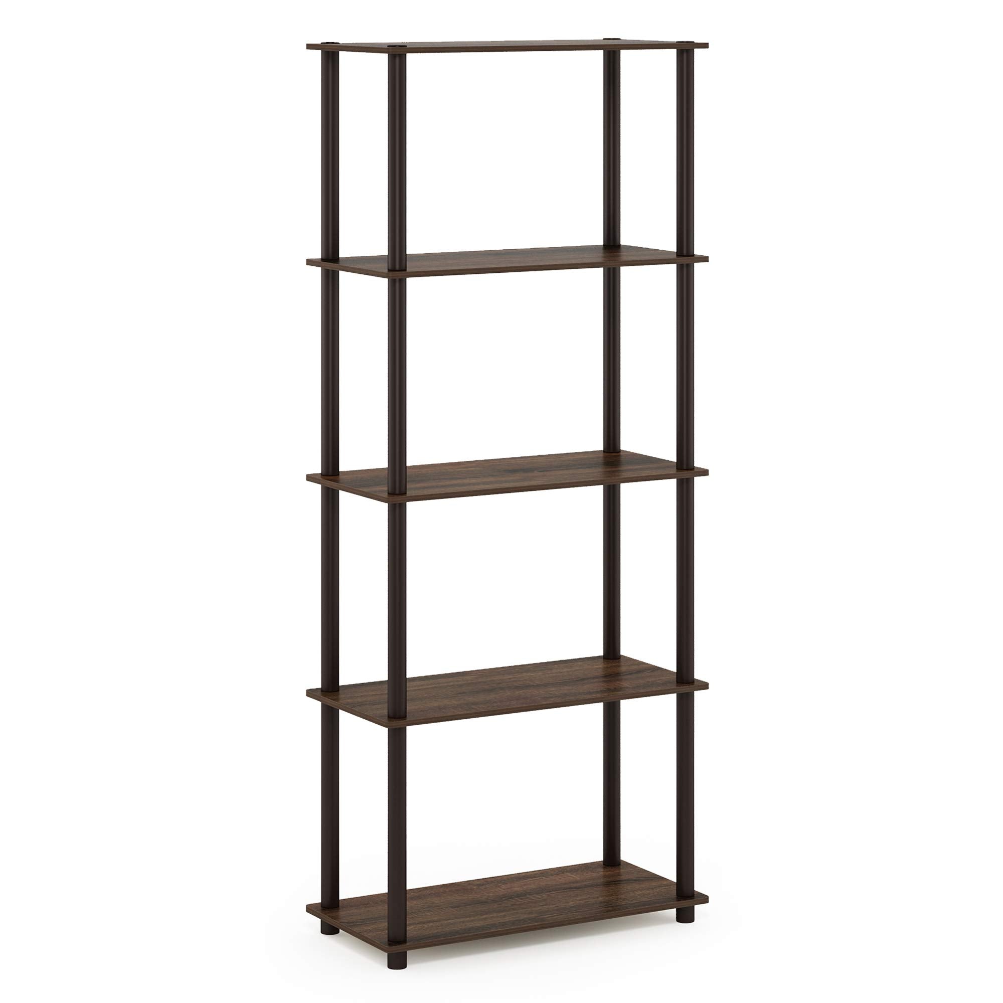 Furinno TURN-N-TUBE Storage Shelves, 5-Tier Book Shelf, Corner Shelf, Toolless Open Shelves, for Organization and Storage, Living Room, Garage, Home Office, Walnut