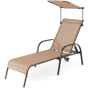 Byroce Patio Lounge Chair with Canopy, Outdoor Chaise Lounger with 5-Level Adjustable Backrest, Arms & Cupholder, Metal Tanning Recliner Chair for Beach, Poolside, Backyard, Garden (1)