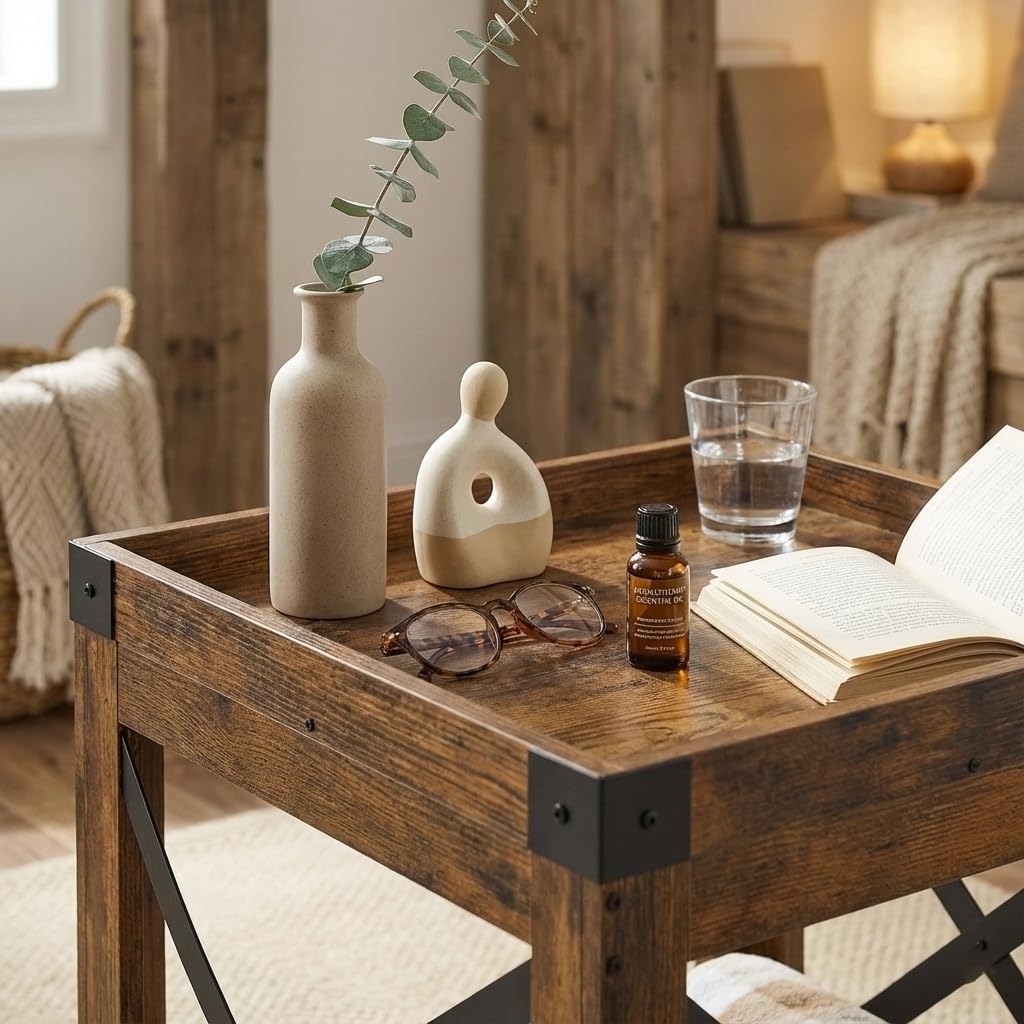 Farmhouse Square Side Table with Storage Shelf