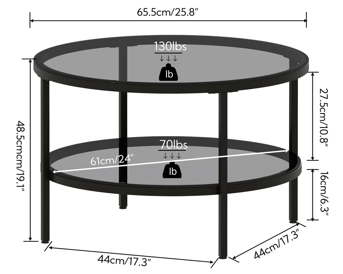 Yusong Round Glass Coffee Tables for Living Room, 2-Tier Circle Coffee Table with Storage, 26" Modern Center Accent Table with Light Black Glass, Small End Table for Small Space, Bedroom