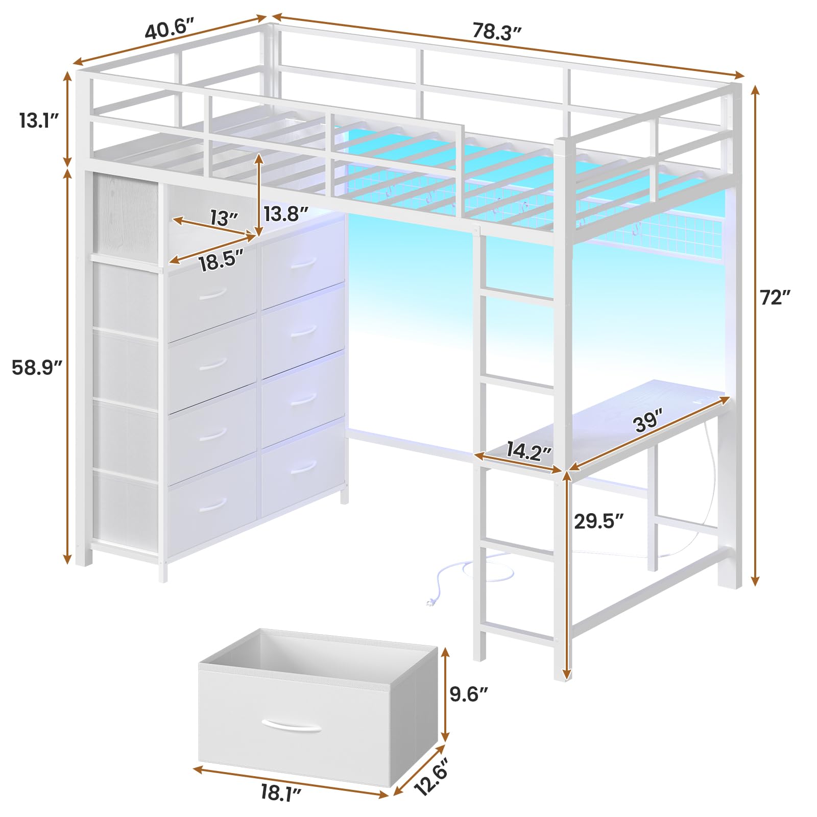 Twin Loft Bed with Desk, 8 Storage Drawers & LED Lights