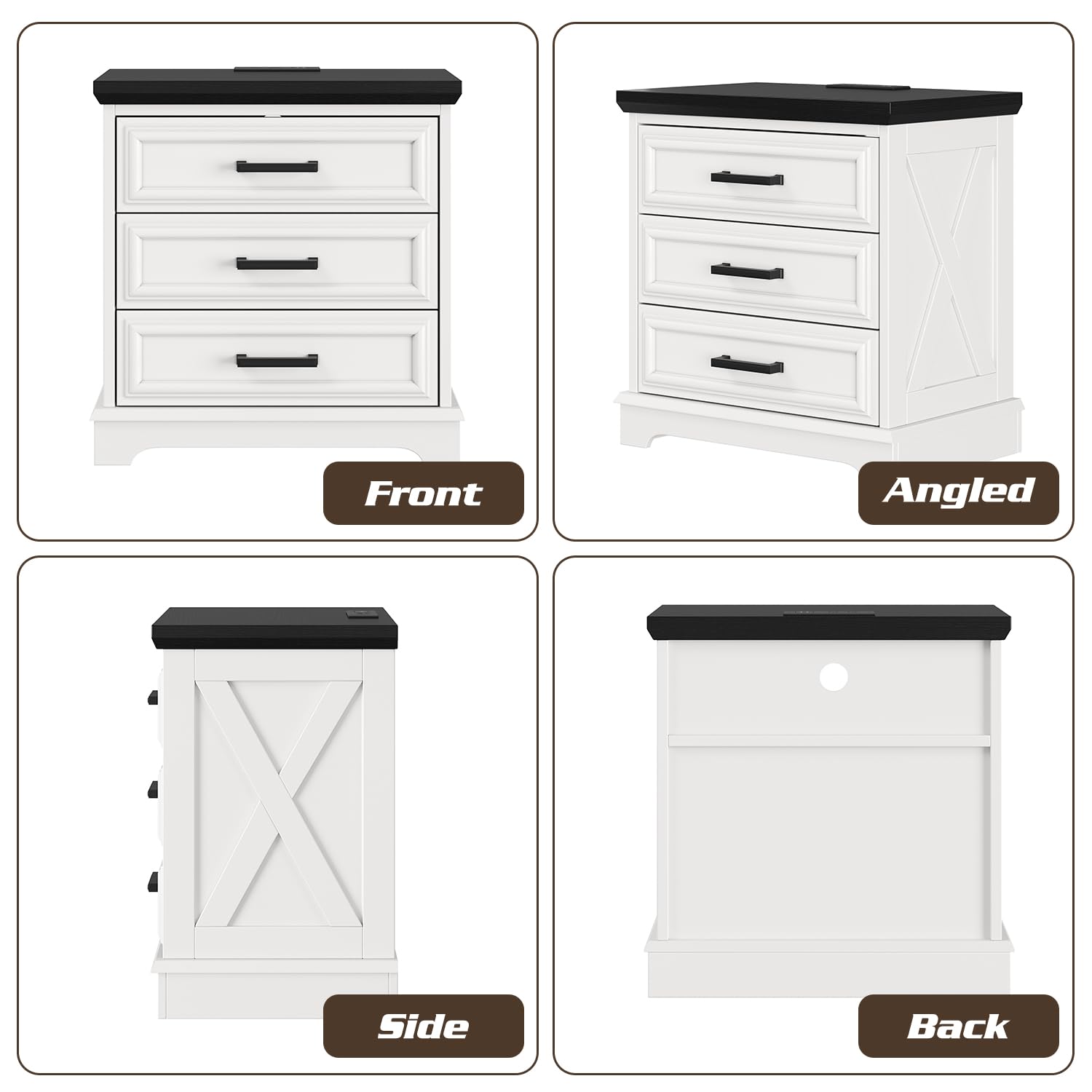 knoworld 24 Inch Wide Farmhouse Nightstands Set of 2 with Charging Station, White Nightstand with 3 Large Drawers, Rustic Wood End Table for Bedroom