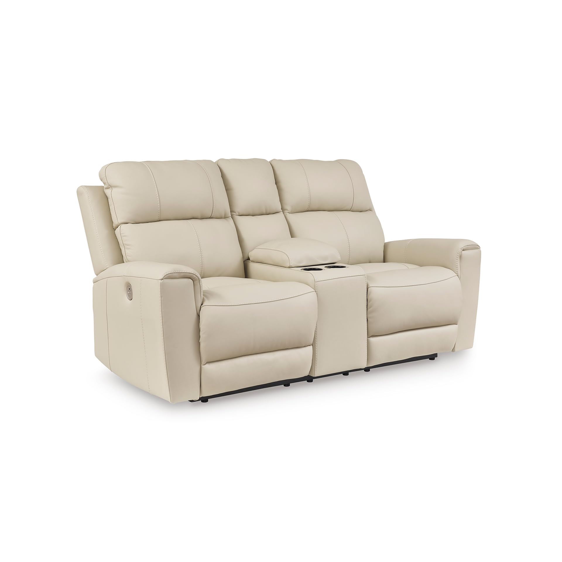 Signature Design by Ashley Dahlmoore Contemporary Leather Match Power Reclining Loveseat with Console and USB Ports, Beige