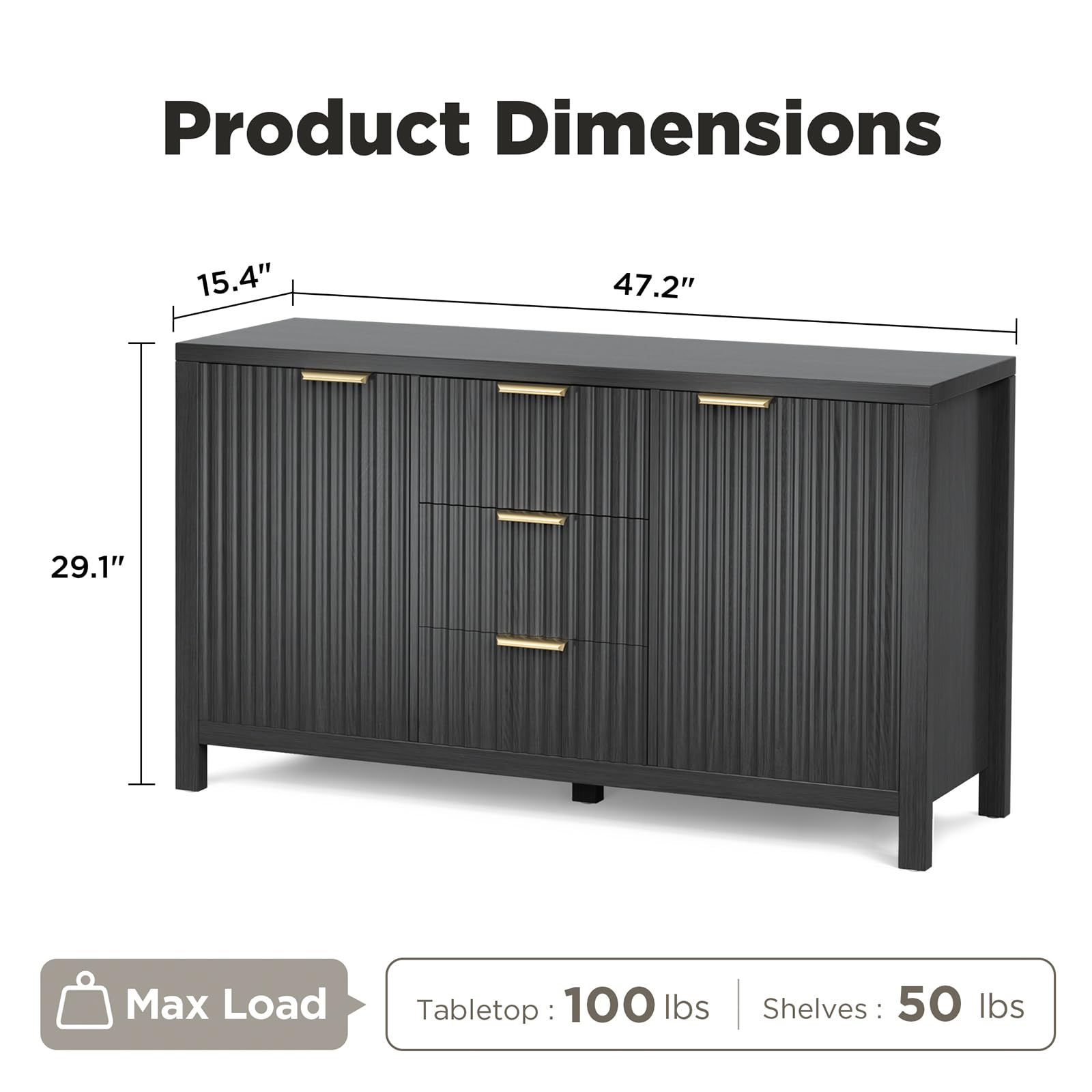 OUTISAN Fluted Sideboard Buffet Cabinet 47.2" Buffet Cabinet with 3 Drawers & 2 Doors, Large Coffee Bar Console Table for Dining Room, Living Room, Entryway
