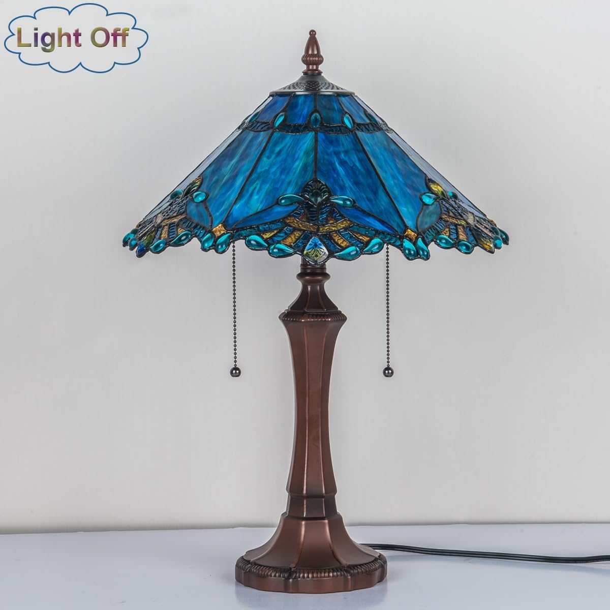 COTOSS Tiffany Table Lamp for Living Room,Blue Stained Glass Table Light,Antique Style 16 inch Large Desk Lamp 2 Light Beside Reading Lamp for Bedroom Office