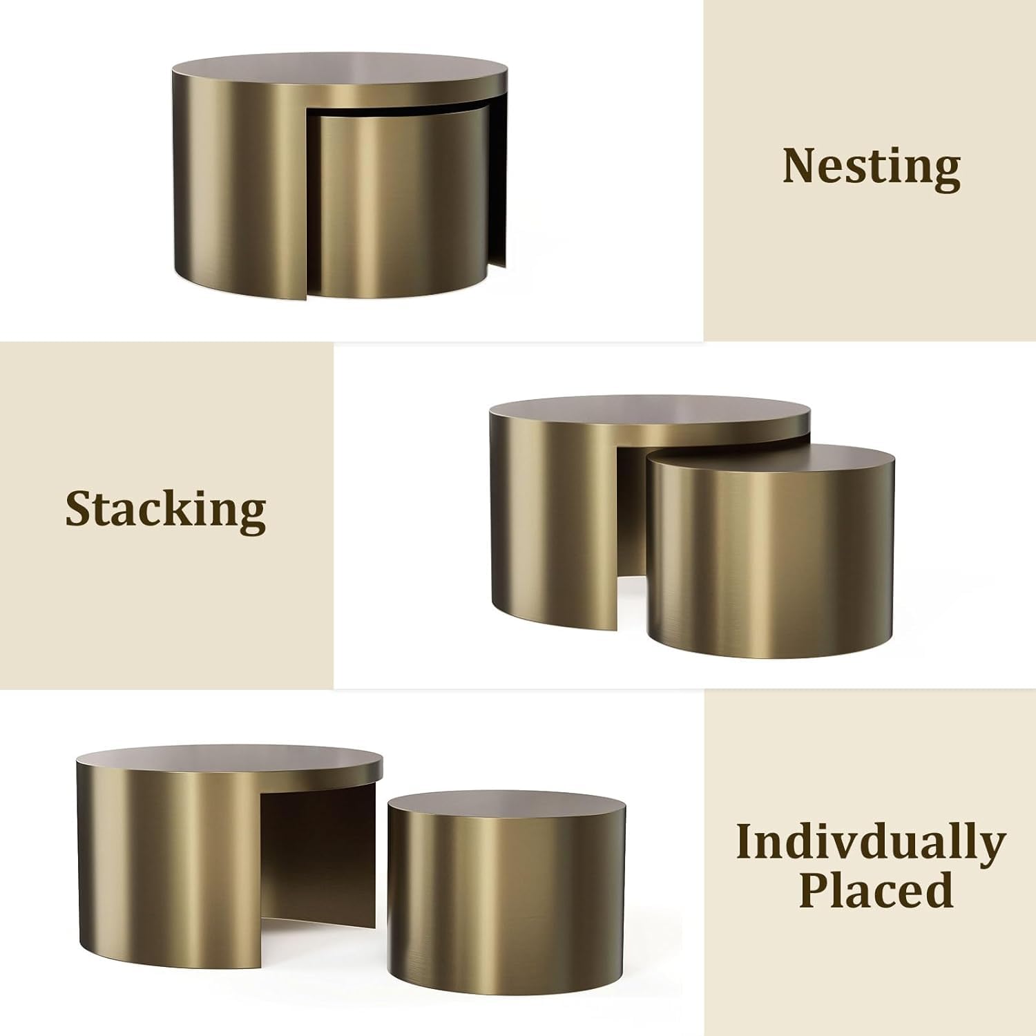 Round Nesting Coffee Tables – Set of 2, Brushed Gold Metal