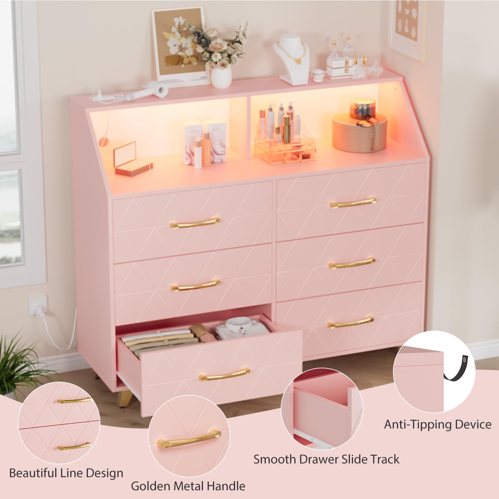 Hetoy 6 Drawer Wooden Dresser with LED Light and Charging Station,Modern Chest of Drawers with Open Shelves & Gold Handles, Versatile Storage Cabinet for Bedroom, Living Room, Hallway