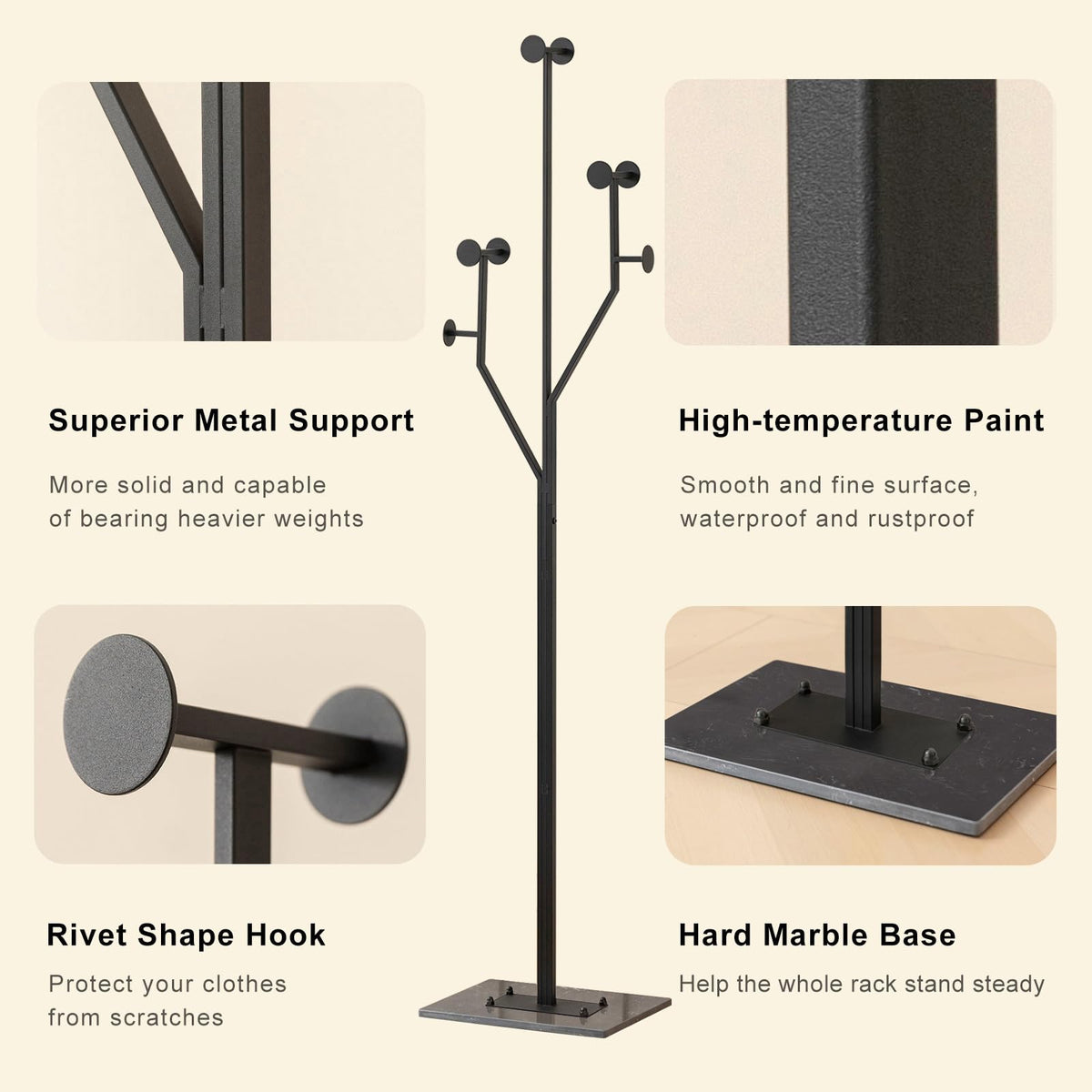 JIAYUEJU Freestanding Coat Rack Marble Base Coat Tree Heavy Duty(Black)