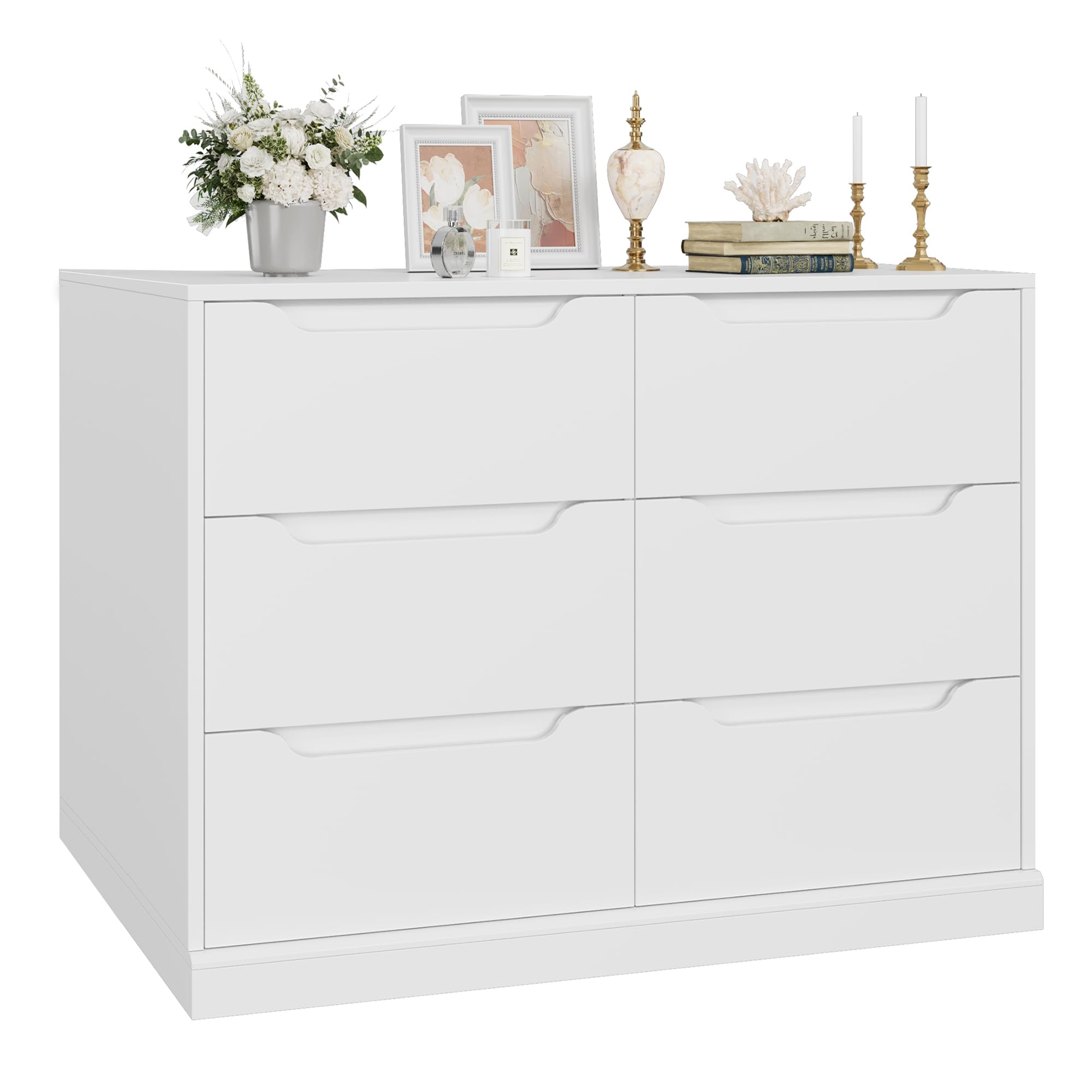 HOSTACK Modern 6 Drawer Dresser, Double Chest of Drawers with Storage, Large Wooden Storage Dresser Organizer with Cut-Out Handles, Accent Storage Cabinet for Living Room, Entryway, White
