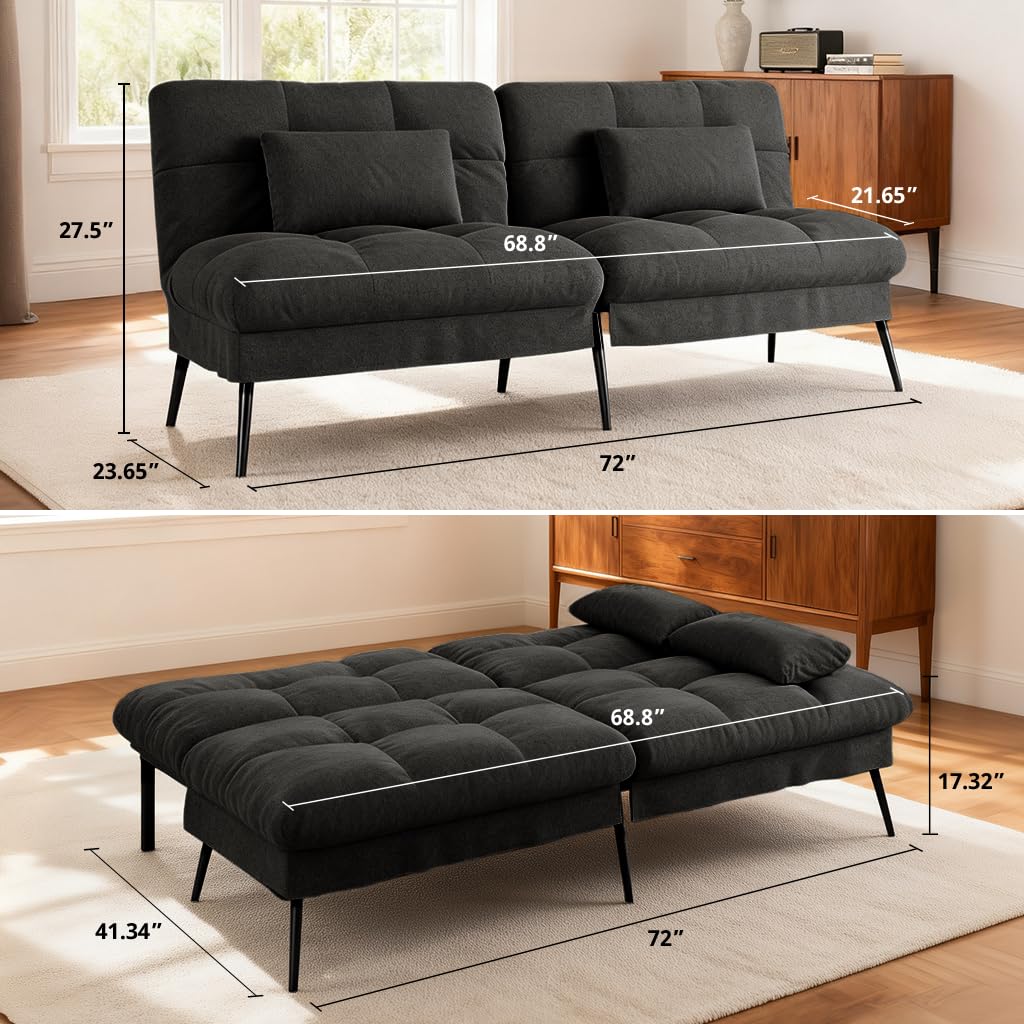COMHOMA 72″ Convertible Futon Sofa Bed, Adjustable Backrest, Black