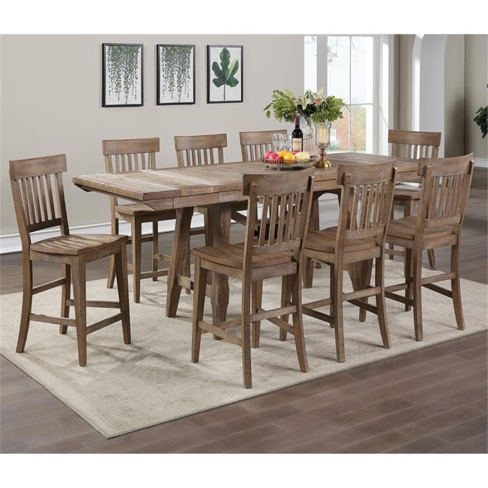 Steve Silver Furniture Riverdale Counter Height 9pc Set, 72"-96" Rectangular Table w/Two 12" Leaves, 8 Wooden Counter Chairs, Rustic/Farmhouse Design, Dining Room, 72" L x 36'" W x 36" H, Brown