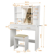 QUALIKRAFT White Vanity Set with LED Mirror & Stool, Makeup Desk with Built-in Power Outlet (2 AC & 2 USB), 2 Large Drawers & 6 Shelves, Lighted Dressing Table for Bedroom Organization