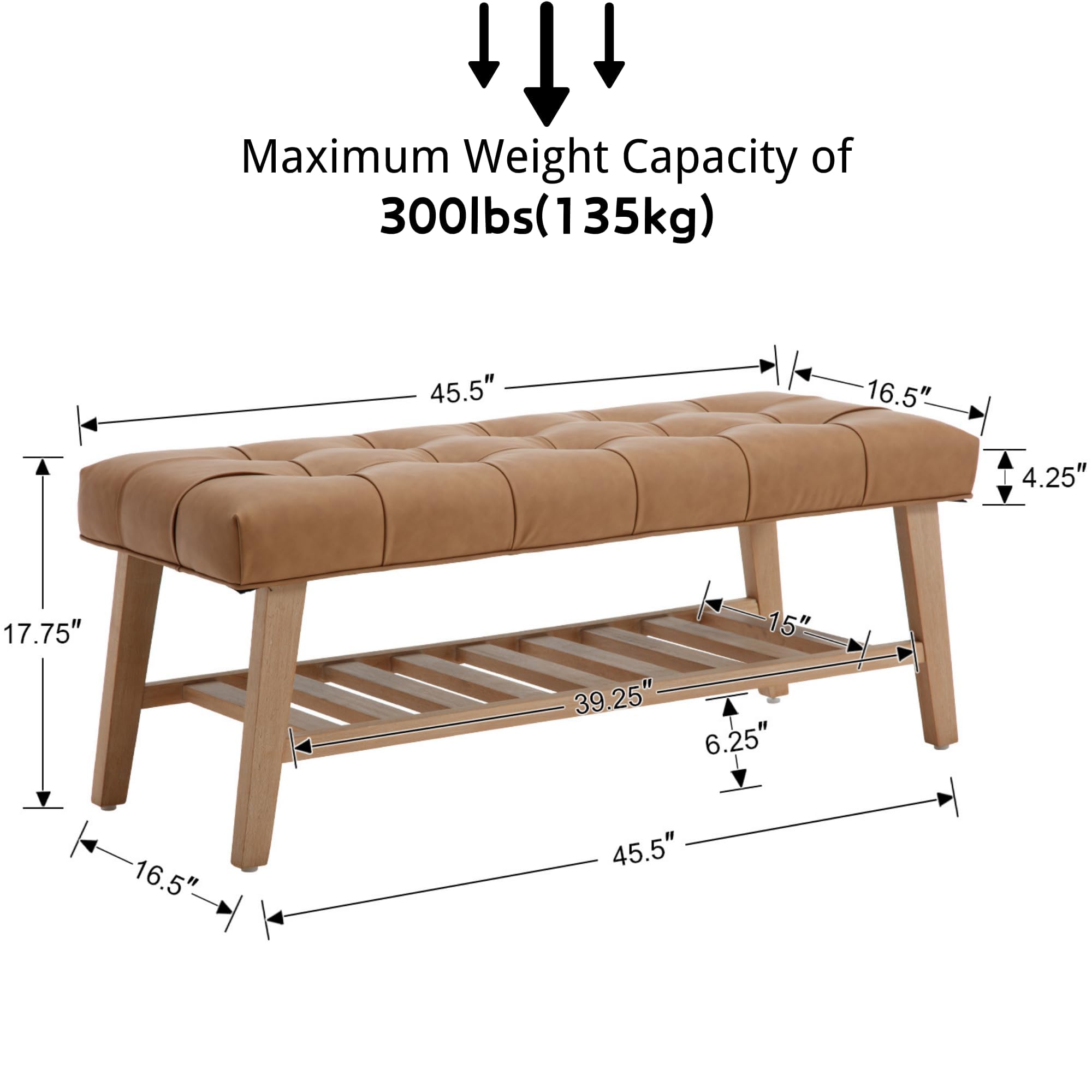 Janoray Entryway Shoe Bench Storage Benches with Upholstered Button Tufted Seat and Open Slatted Shelf PU Leather Ottoman Bench for Hallway Living Room Bedroom End of Bed, Brown