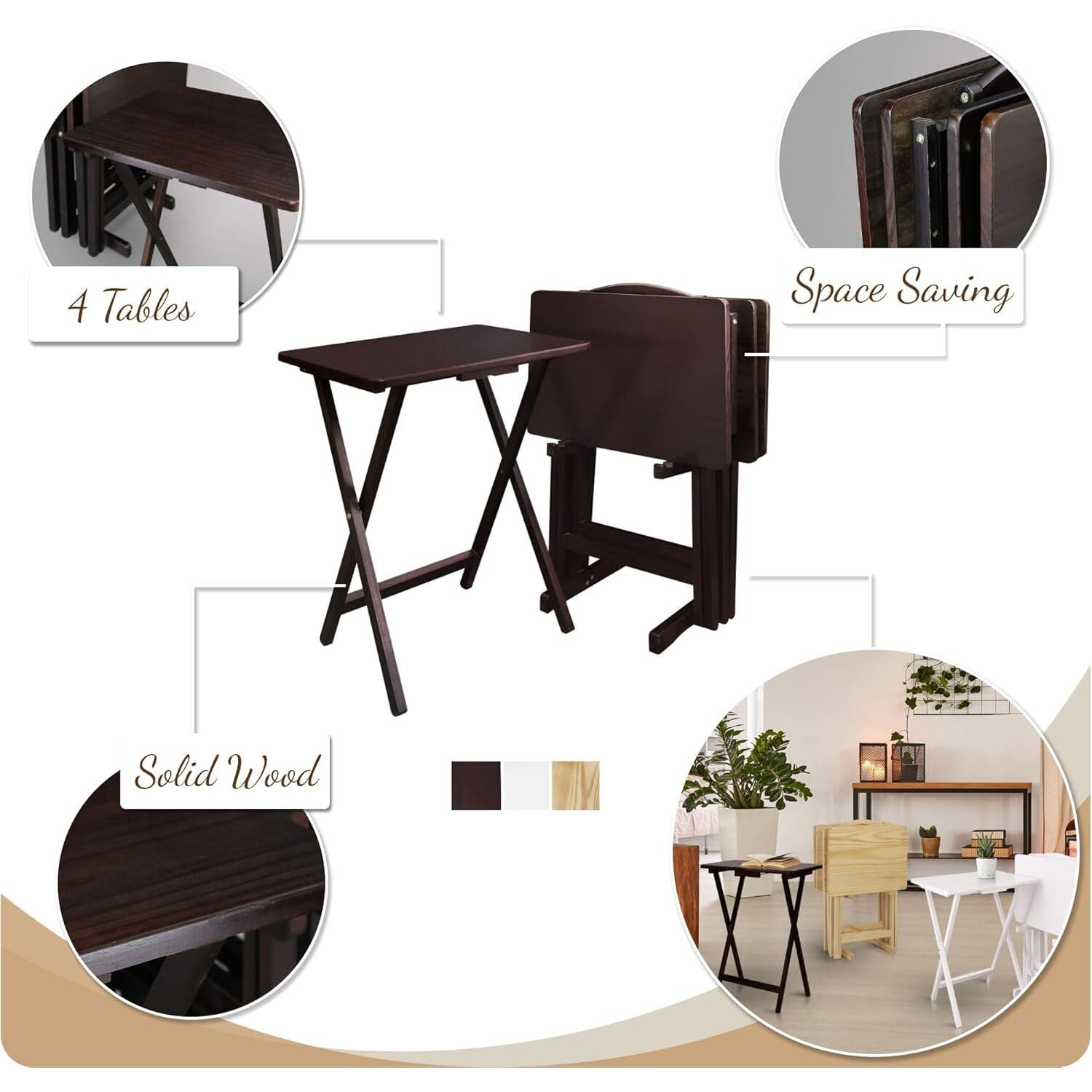 5-Piece Solid Wood Folding Tray Table Set with Storage Stand