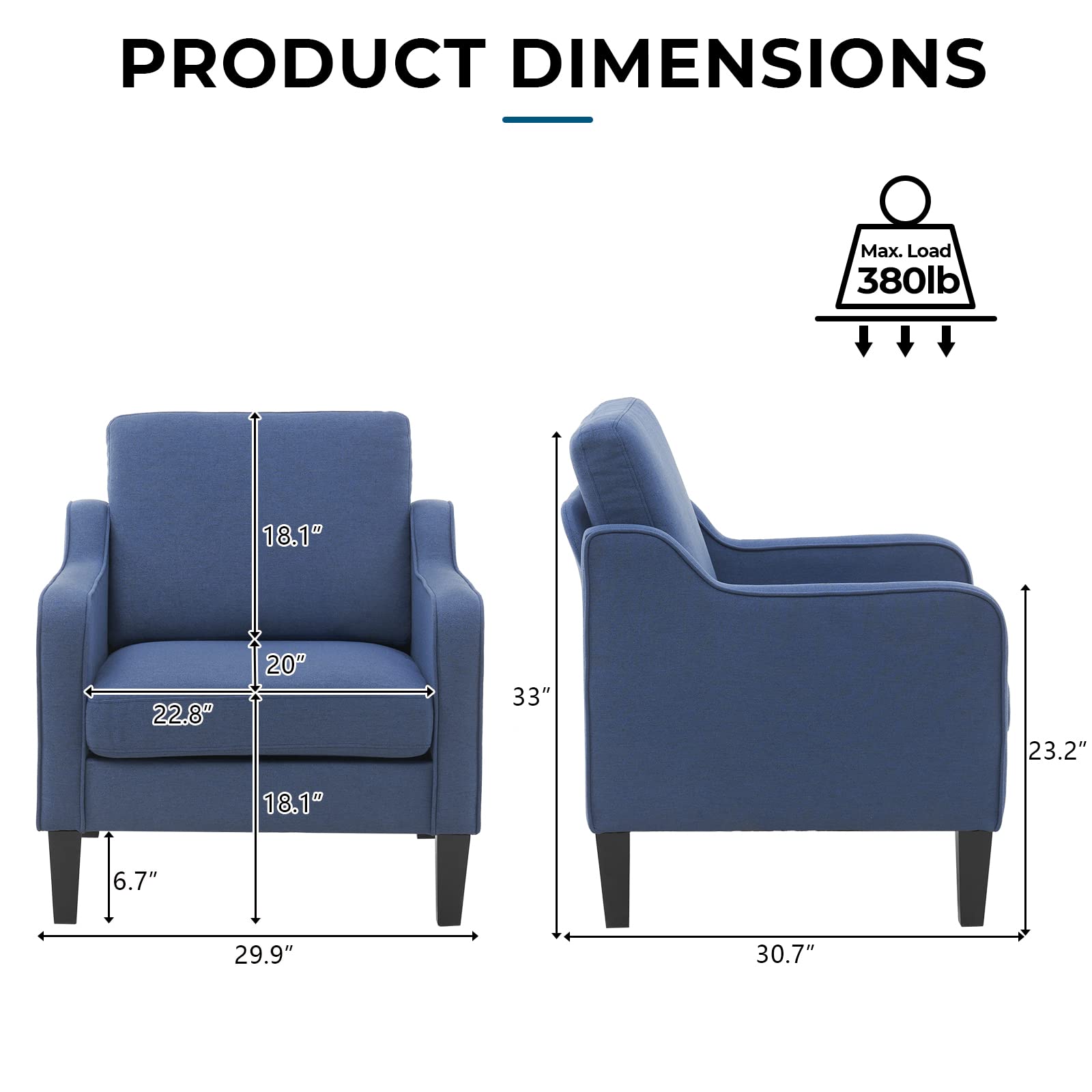 VINGLI Modern Accent Chairs Set of 2, Blue Living Room Chairs Comfy Armchair for Bedroom, Upholstered Sofa Chair Reading Chair for Small Spaces, Apartment, Waiting Room