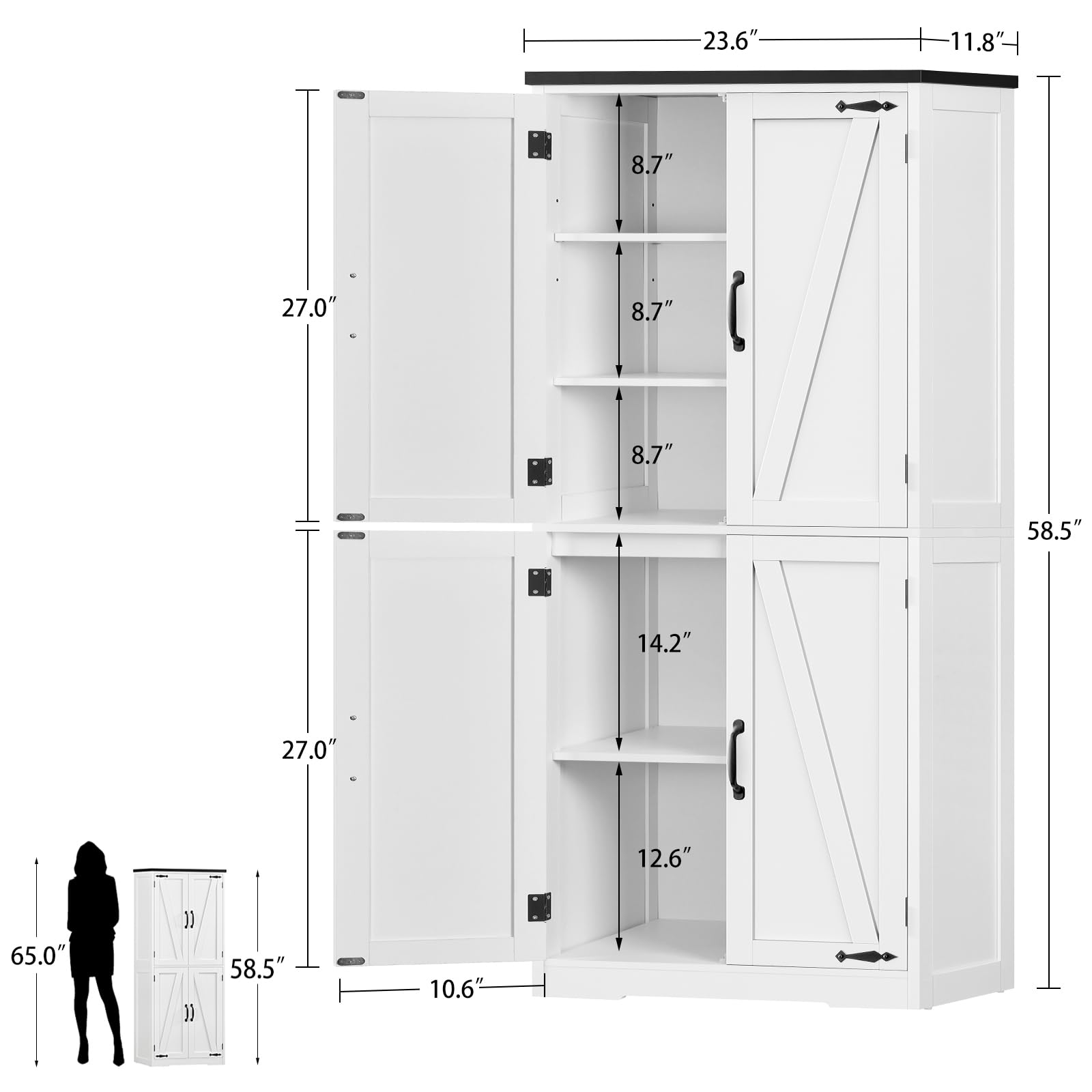 TEENFON 58" H Storage Cabinet with Adjustable Shelf, Farmhouse Kitchen Pantry Cabinet, Bathroom Cabinet with 4 Doors, Cupboard for Kitchen, Bathroom, Living Room, White