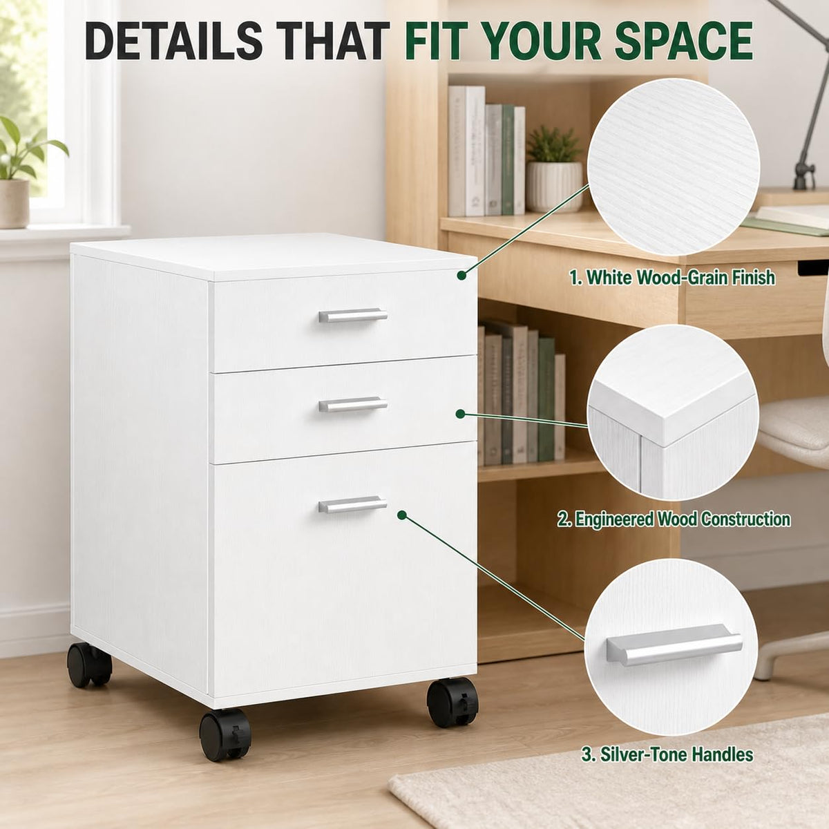 3 Drawer White Preassembled Wooden Under Desk Mobile Printer Stand