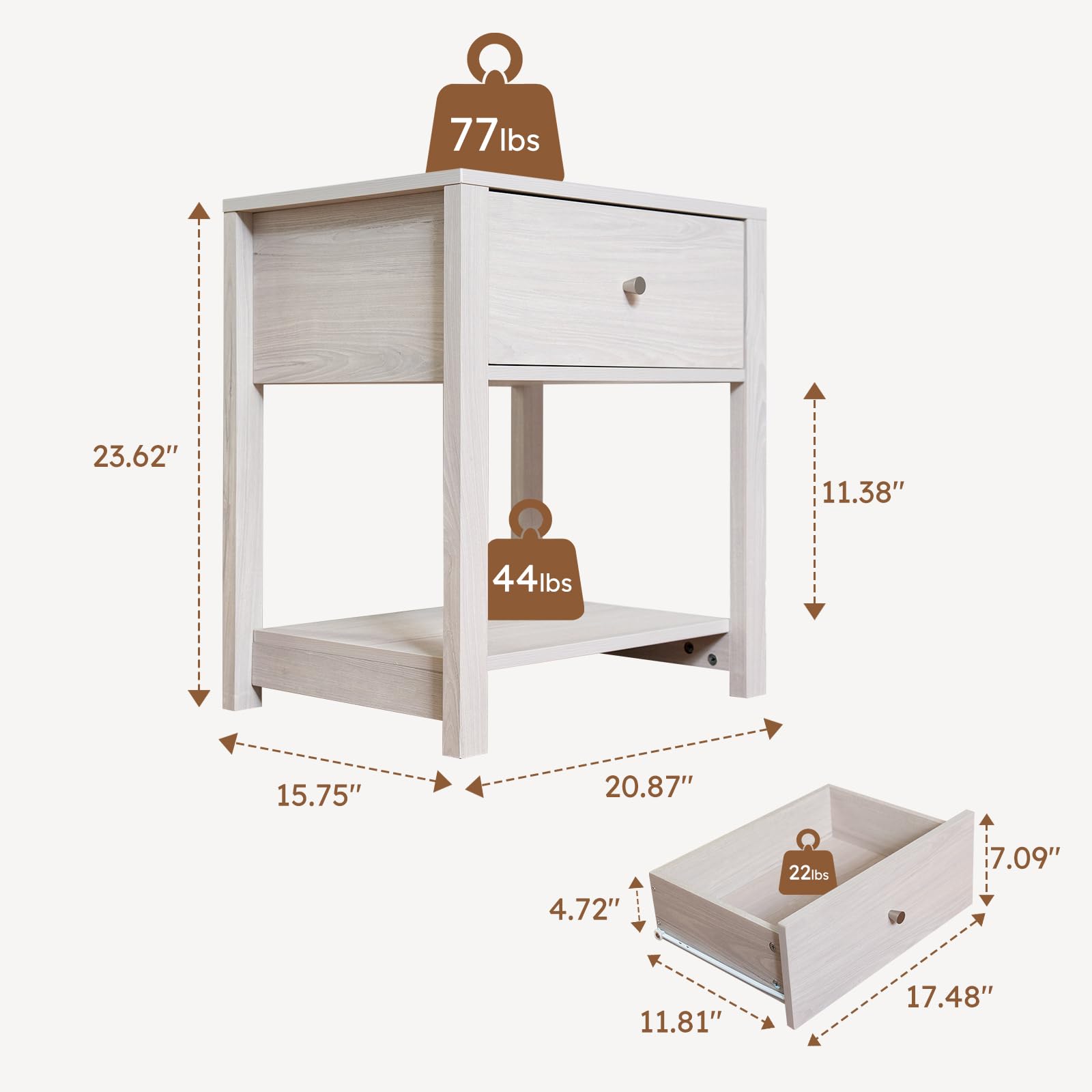 White Nightstand Set of 2 with Drawer & Storage Shelf