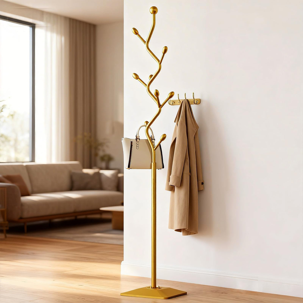 BUZUEY Gold Coat Rack Freestanding Metal Tree Coat Stand with Hooks,Modern Decorative Standing Hat Rack for Entryway Bedroom Living Room