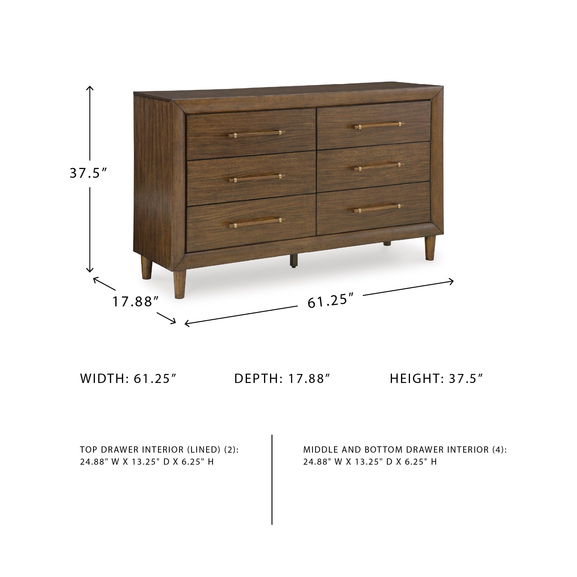 Signature Design by Ashley Lyncott Six-Drawer Dresser, Felt Lined Top Drawers, Round Tapered Legs, Hardwood Solids, 61.25' W x 17.88' D x 37.5' H, Brown
