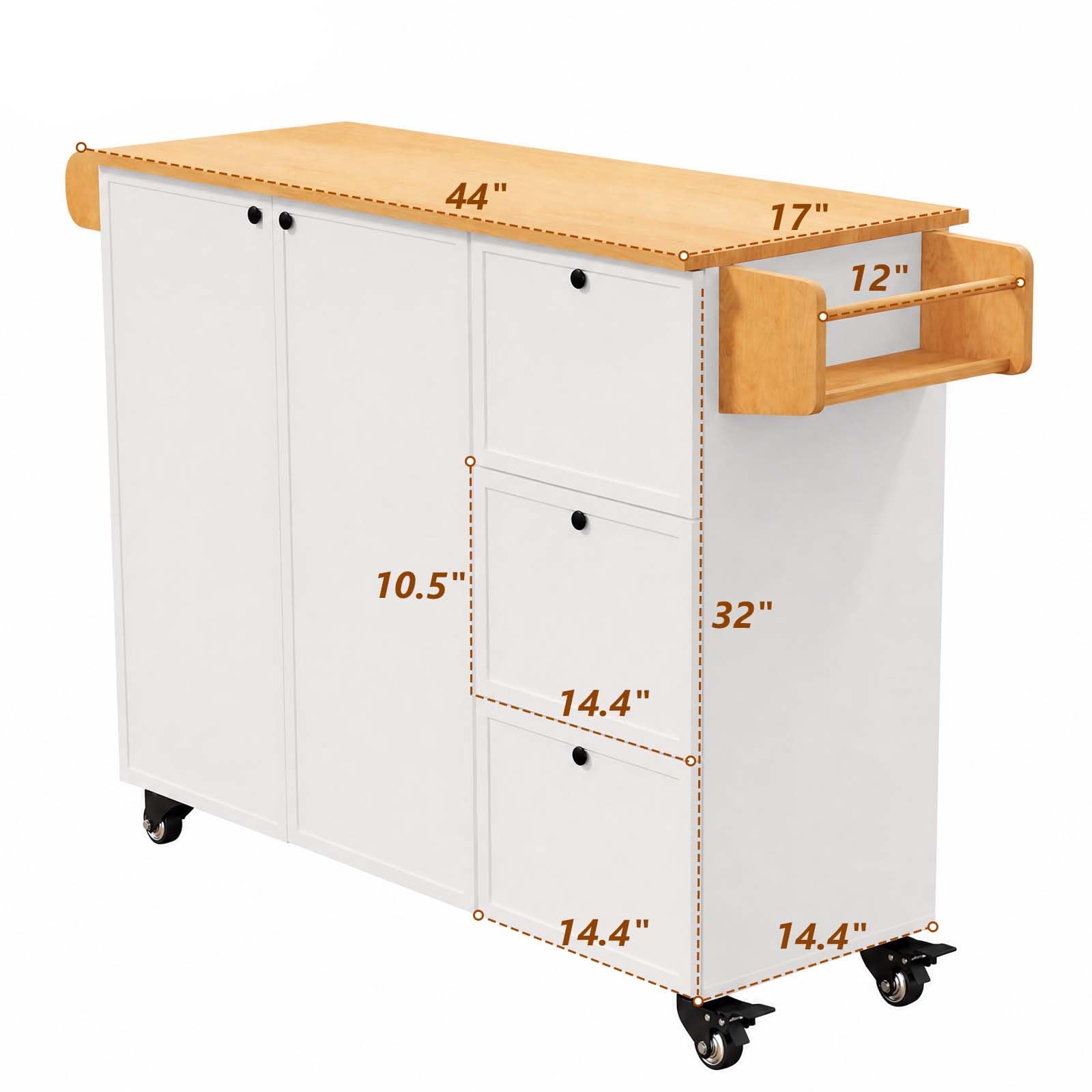 Kitchen Island with Storage, Rolling Kitchen Island on Wheels with Drawers and Doors, Mobile Kitchen Island with Towel Rack and Spice Rack, Wood Top Kitchen Cart with Power Outlet for Kitchen (White)