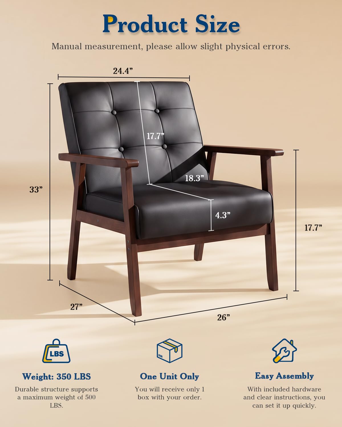 AODAILIHB Black Leather Accent Chairs Set of 2 - Mid Century Modern Armchair with Solid Wood Frame, Comfy Upholstered Reading Chair for Living Room, Office, Waiting Room