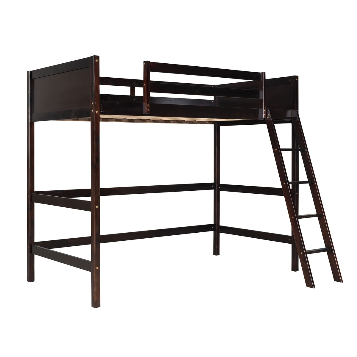 SOFTSEA Twin Size Loft Bed for Teens Adults, Solid Wood High Loft Bed Frame with Safety Rails & Ladder, Espresso