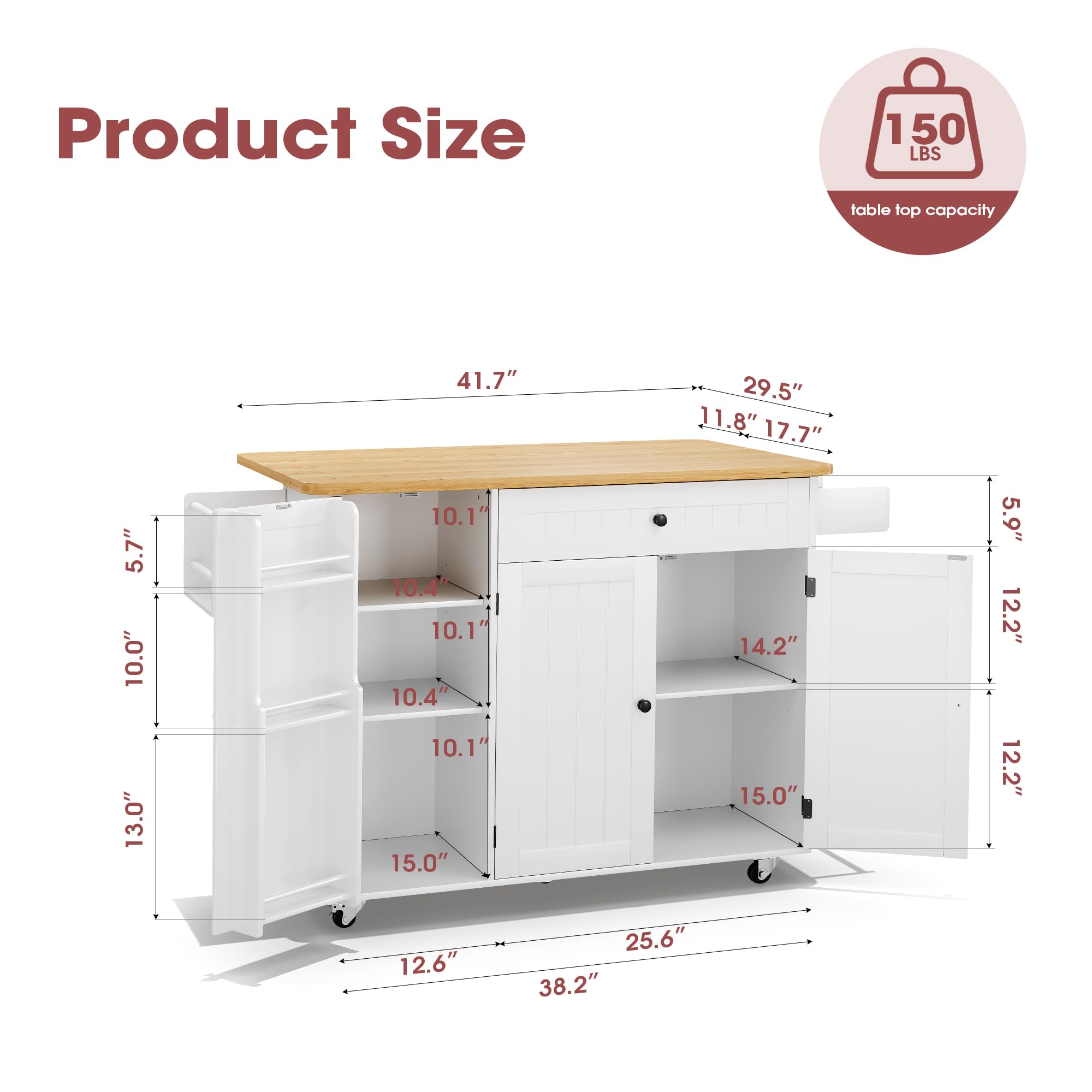 Rolling Kitchen Island with Drop Leaf & Storage