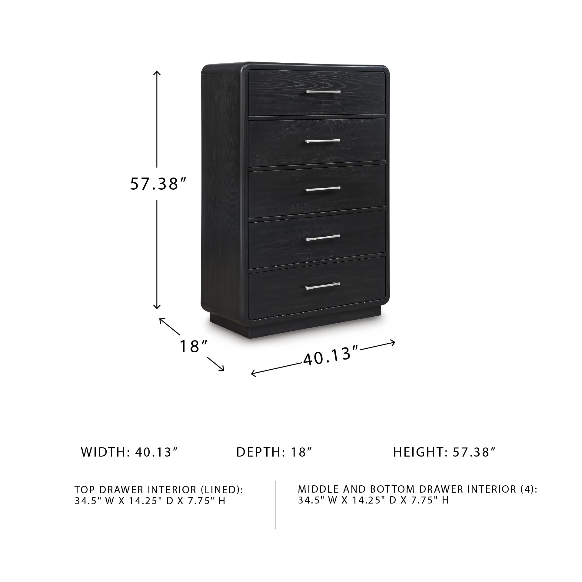 Signature Design by Ashley Rowanbeck Modern 5 Drawer Chest with Felt-Lined Top Drawer and Safety Stop, Black