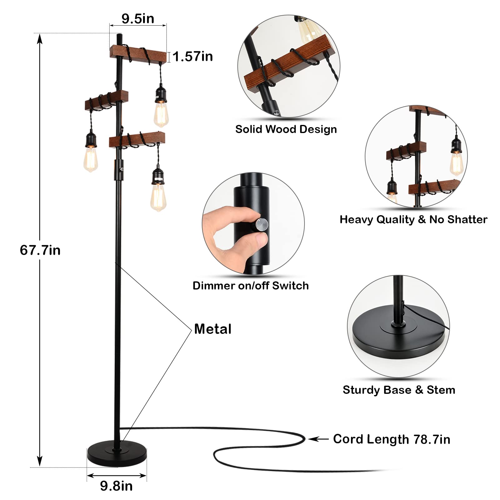 3-Head Wood Floor Lamp with Dimmable Switch