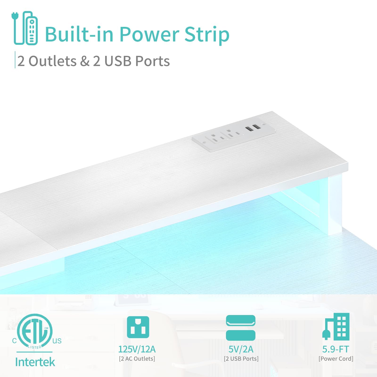 Lufeiya Gaming Desk with LED Lights and Power Outlets, 47 Inch Home Office Desks with Keyboard Tray, White Computer Desk with File Drawers Cabinet, Writing Table PC Desks with Monitor Stand, White