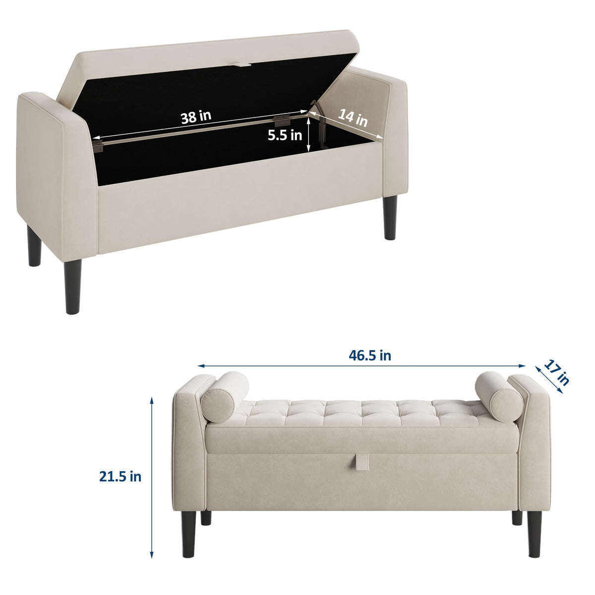 46.5 inch Beige Velvet Storage Ottoman Bench –Upholstered End-of-Bed Bench, Footrest Seat ,Multi-Functional Shoe Bench with Rolled Armrests & Wood Legs, for Entryway, Living Room, Bedroom & Hallway