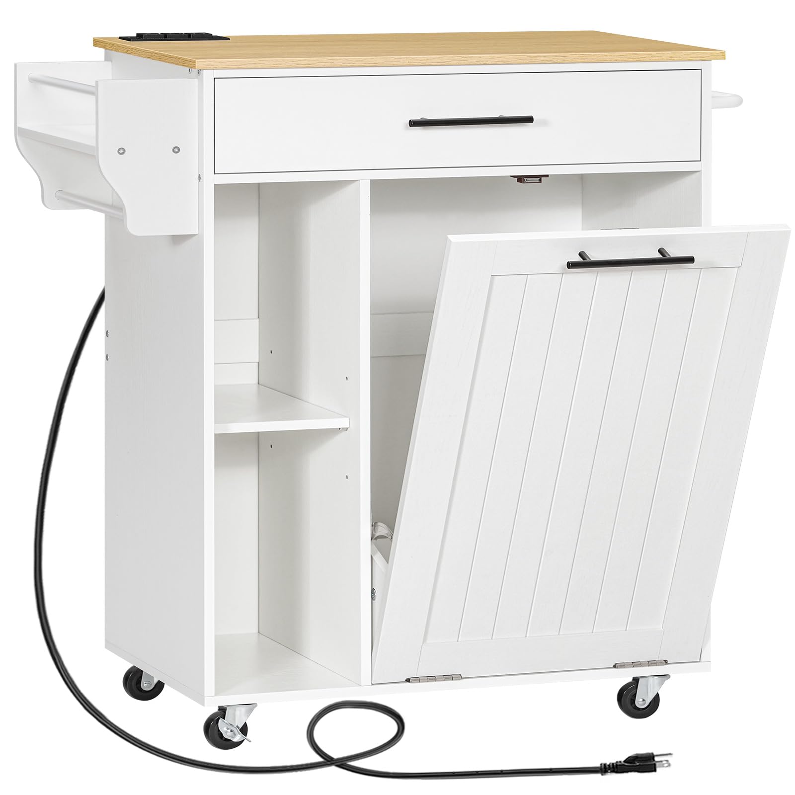 HOOBRO Kitchen Island with Trash Can Storage, Rolling Kitchen Island on Wheels, Kitchen Storage Island with Power Outlet, Mobile Islands Table for 10 Gallon Garbage Bin, Natural and White WN80UZD01G1
