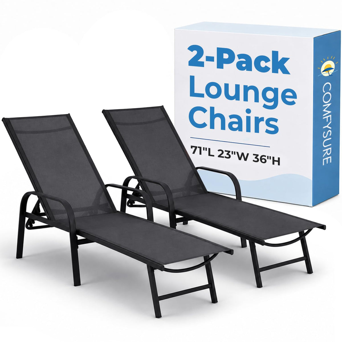 ComfySure Metal Outdoor Lounge Chairs, Set of 2 with Armrests – 5-Position Adjustable Recline, Weather-Resistant Anti-Rust Finish – Patio, Deck & Poolside Sun Loungers, Charcoal