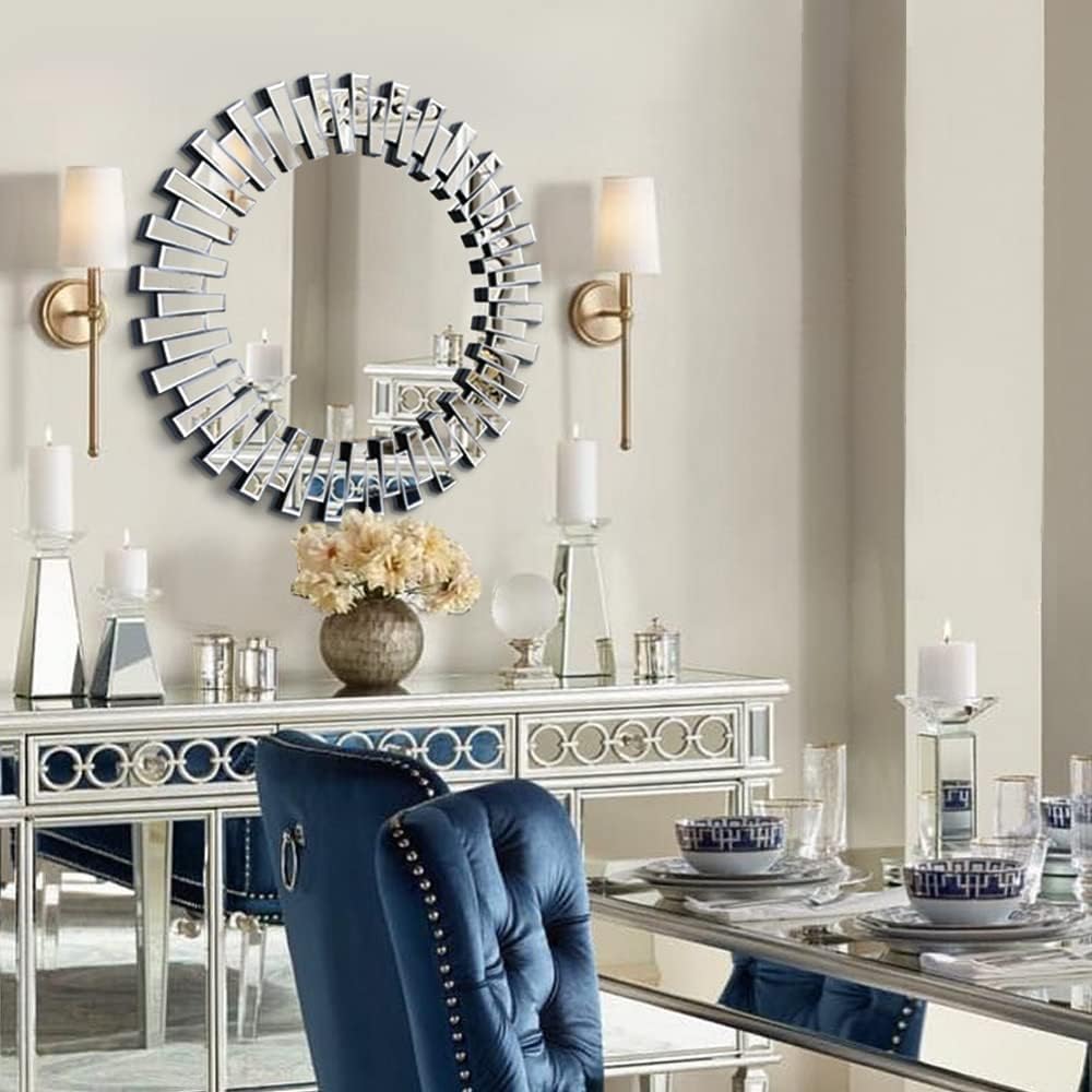 Round Sunburst Wall Mirror with Beveled Glass Frame